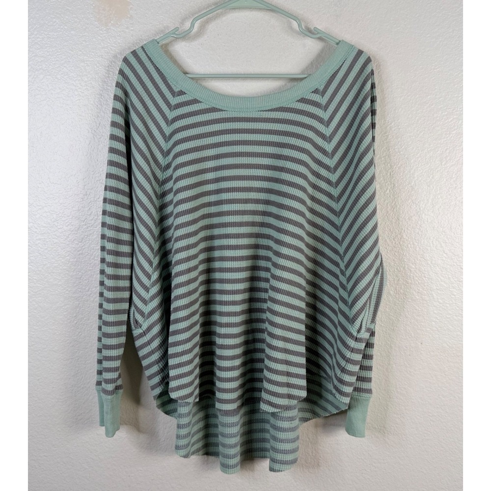 Free People We The Free Top Thermal Waffle Oversized Striped Gray Mint Blue Sz M
